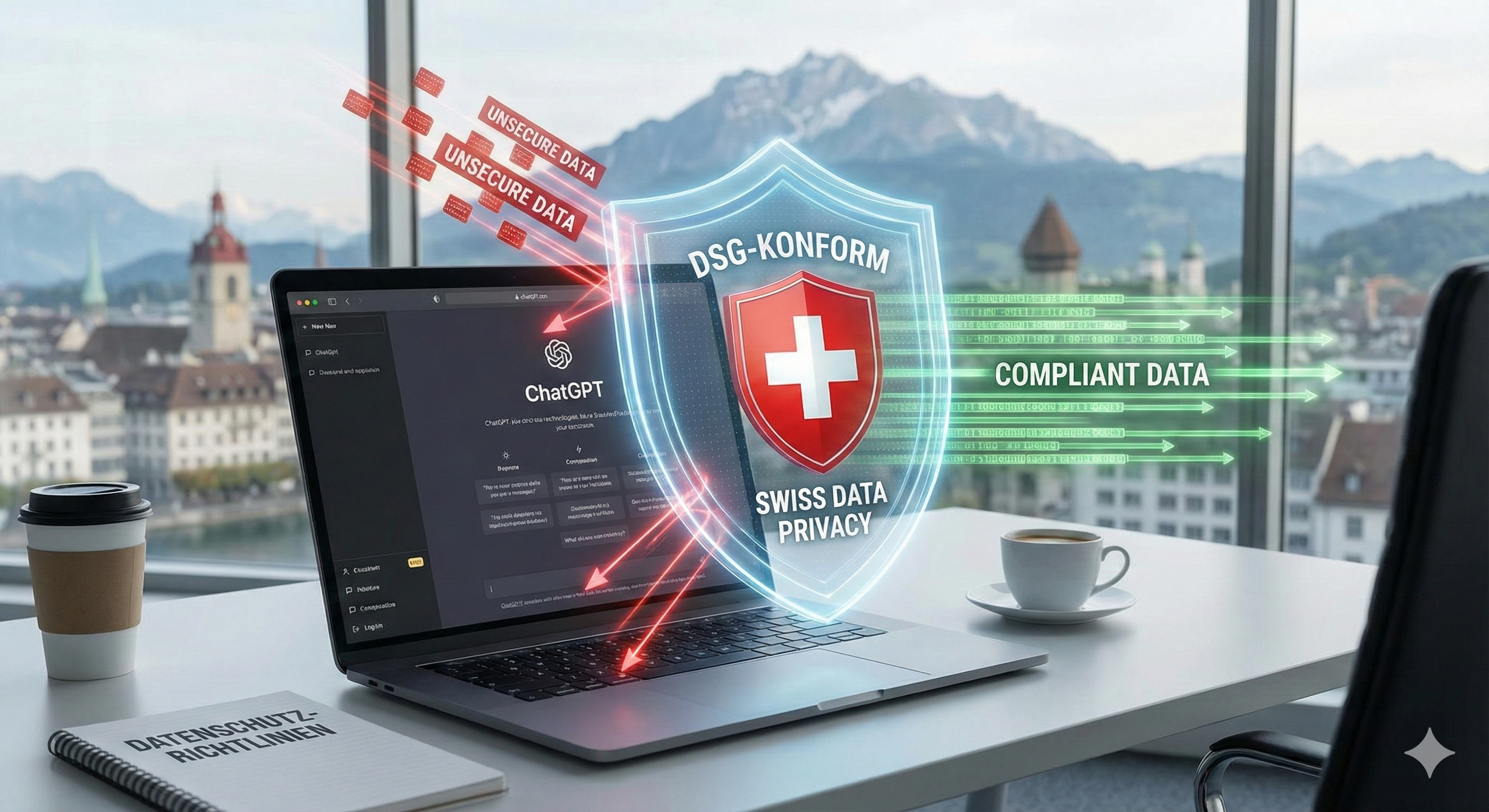 Datenschutz-Symbol mit Schweizer Flagge und ChatGPT Logo - DSG-konforme KI-Nutzung