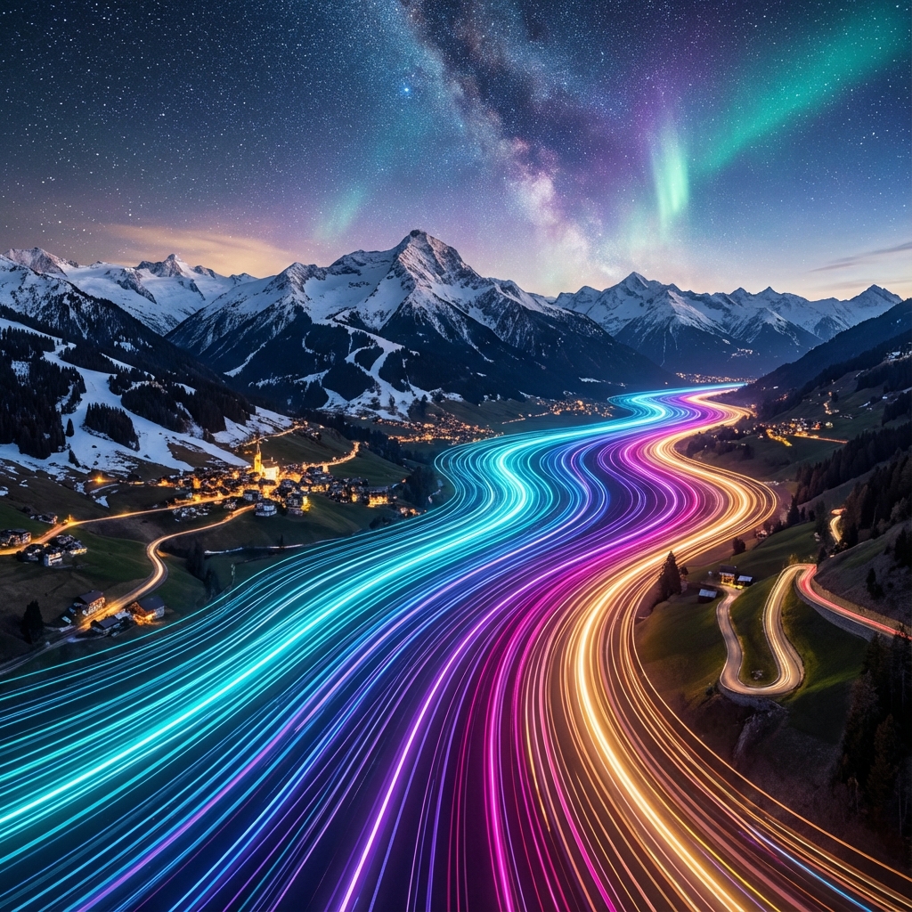 Digitale Datenwellen vor Schweizer Bergpanorama als Symbol für KI Beratung